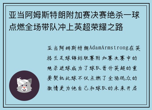 亚当阿姆斯特朗附加赛决赛绝杀一球点燃全场带队冲上英超荣耀之路