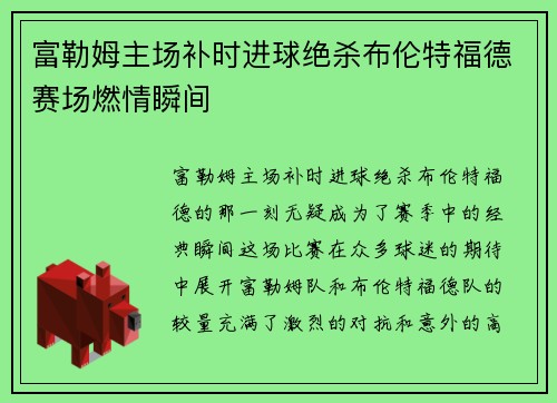 富勒姆主场补时进球绝杀布伦特福德赛场燃情瞬间